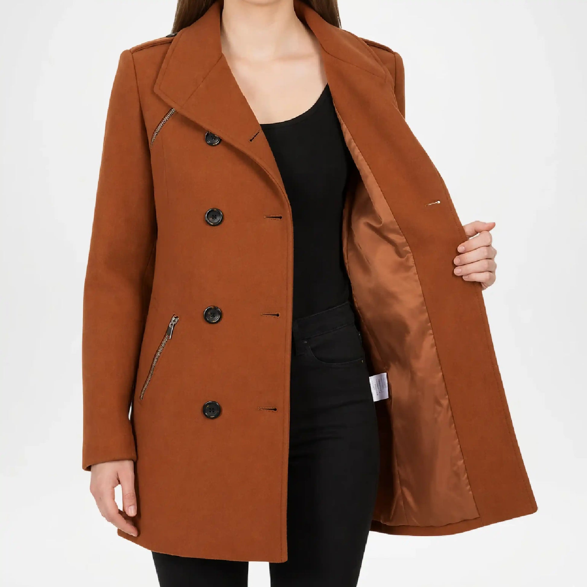 Brown coat worn by a person on a white background
