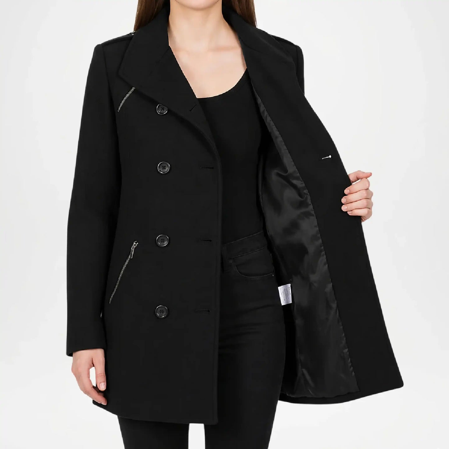 Black coat worn by a person on a white background