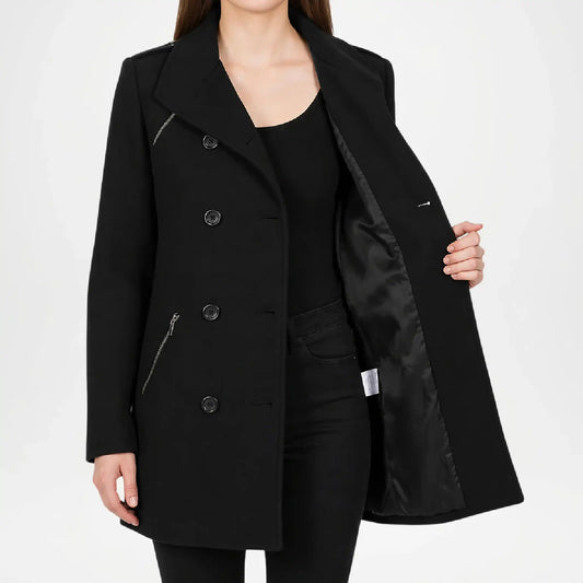 Black coat worn by a person on a white background