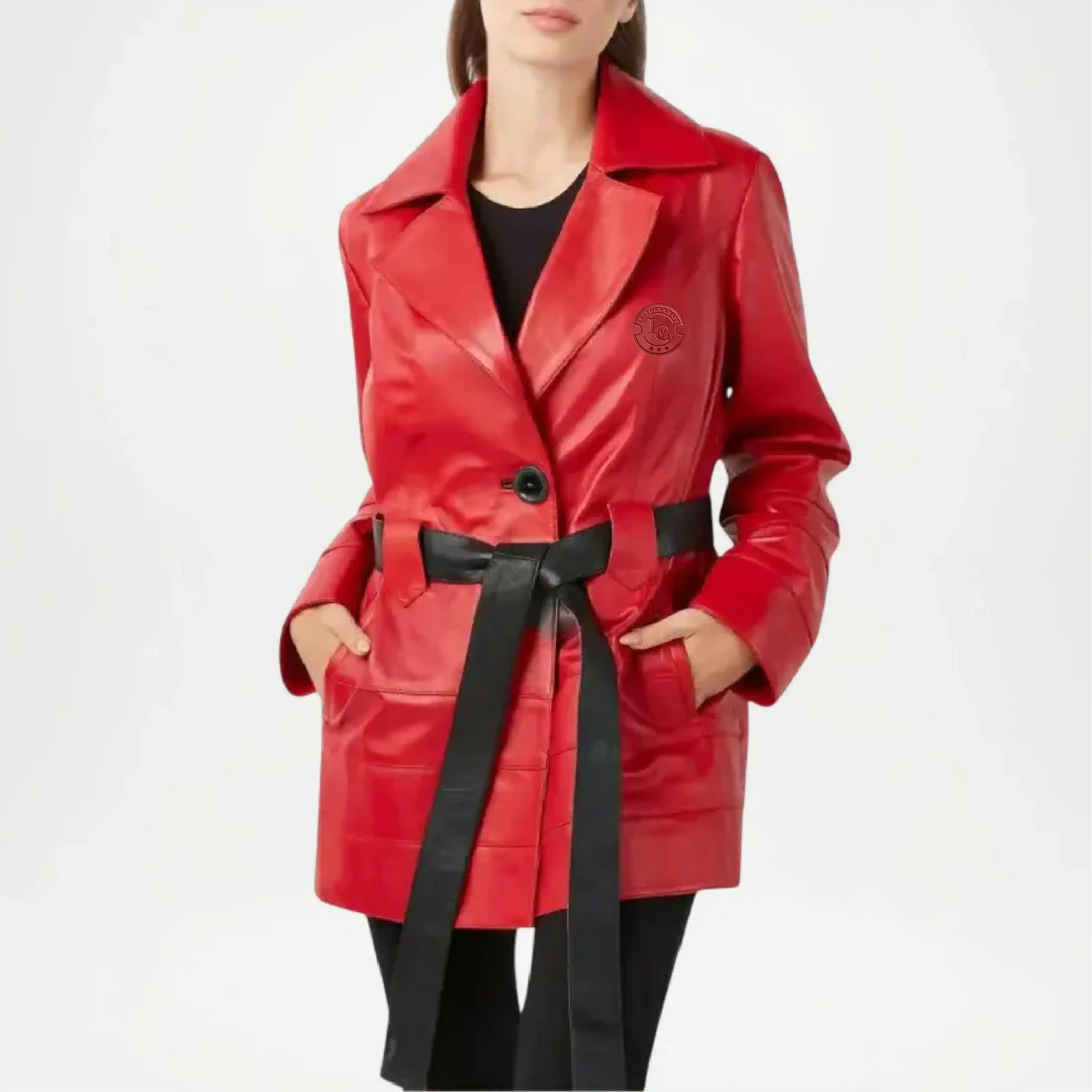 womens red leather trench coat
