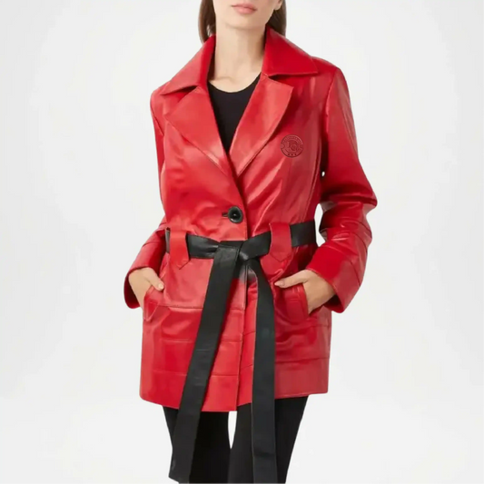 Red Leather Trench Coat for Women