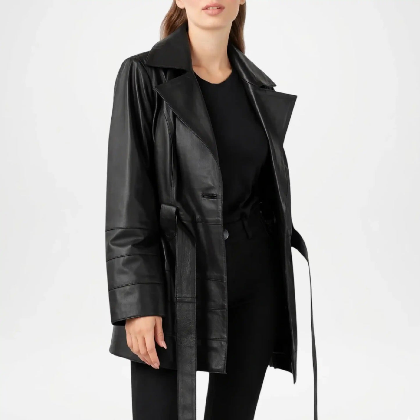 Black leather coat worn by a person on a white background