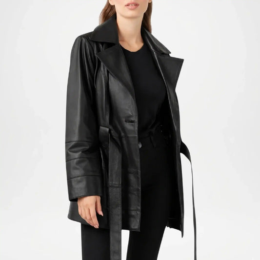Black leather coat worn by a person on a white background