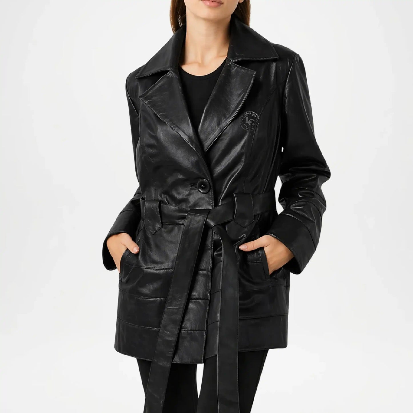 Women’s Black Leather Trench Coat
