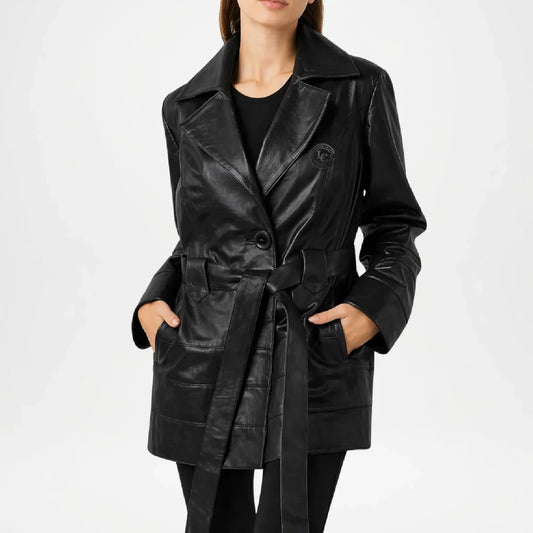 Women’s Black Leather Trench Coat
