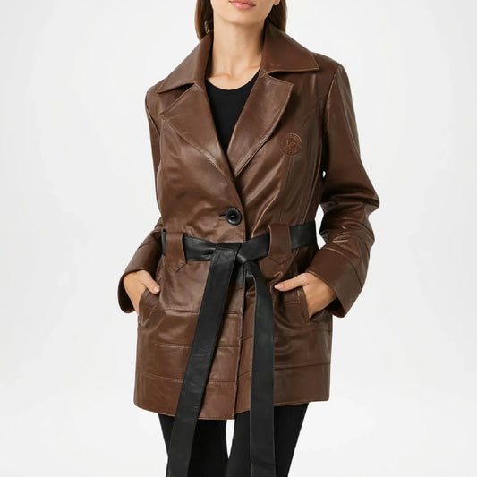  Women’s Brown Leather Trench Coat