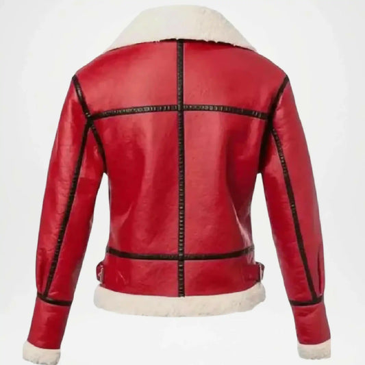 Red Sherpa Leather Jacket for Women