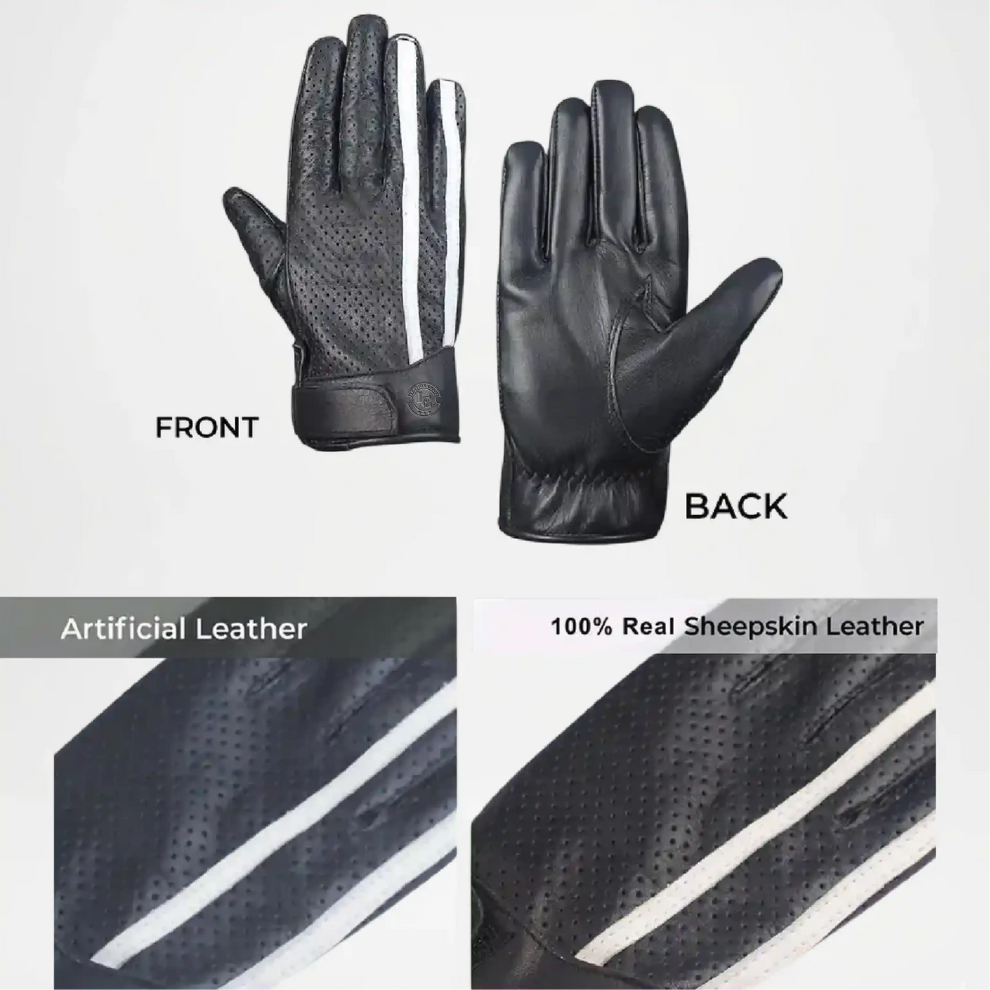 Black leather gloves showing front and back views
