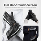 Black touchscreen gloves with a person using a phone and another wearing the gloves