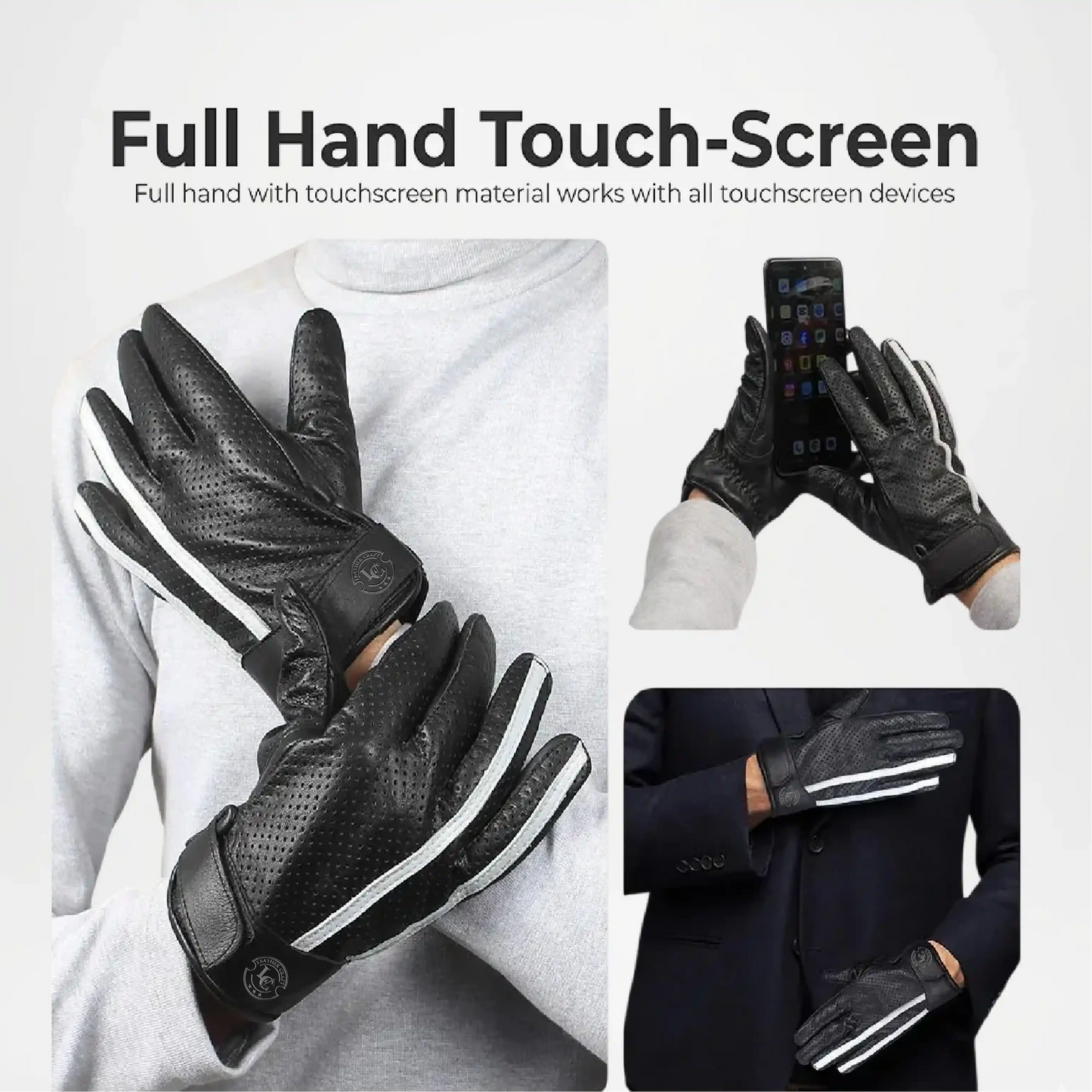 Black touchscreen gloves with a person using a phone and another wearing the gloves