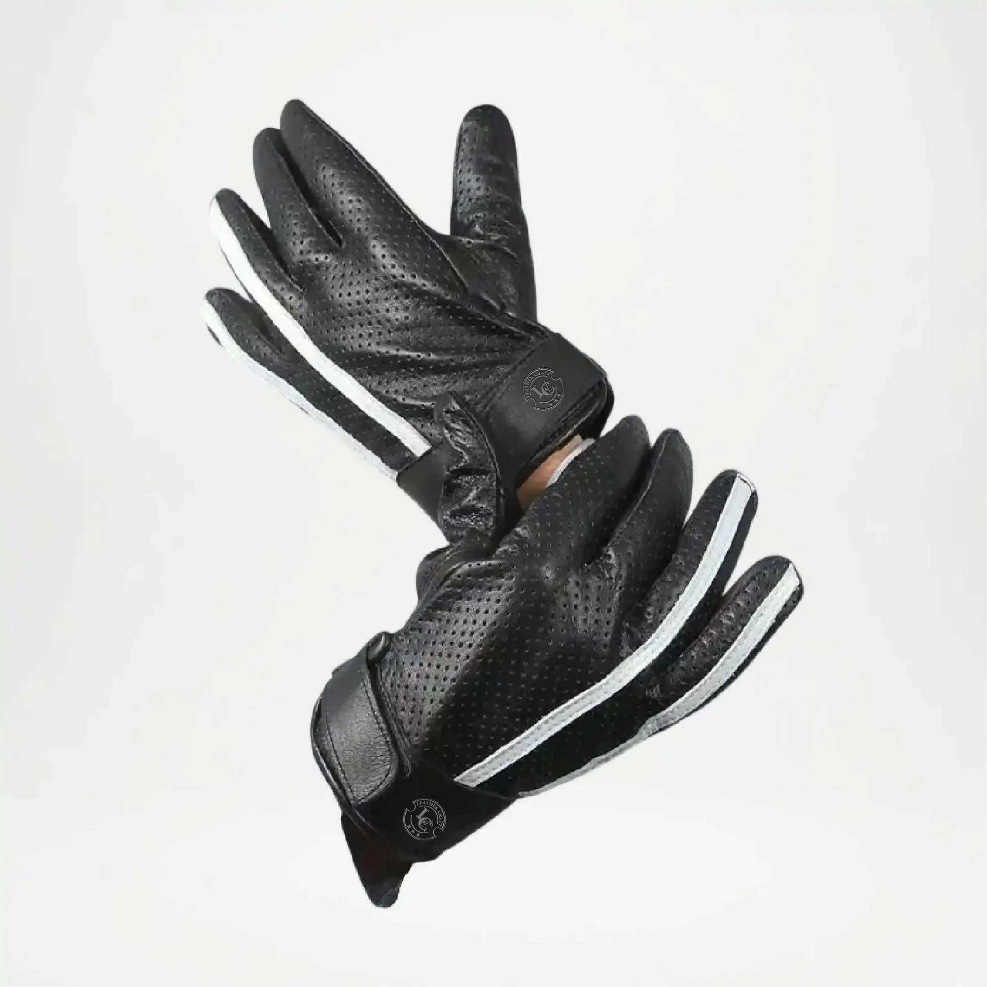 Black leather gloves with perforated design