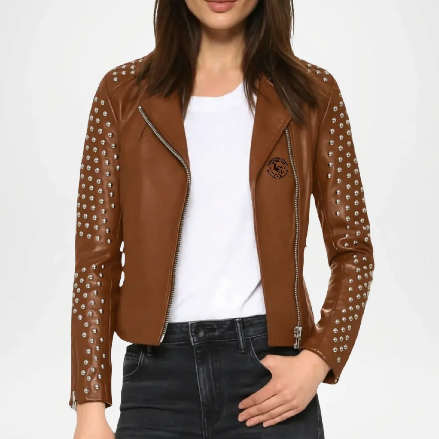 womens brown studded leather biker jacket