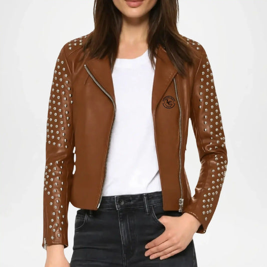womens brown studded leather biker jacket