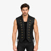 A muscular man wearing a black leather-look sleeveless vest with double rows of gold-tone decorative buttons and side laces, paired with a black shirt and black jeans, against a plain light gray background.