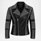 A black faux leather moto jacket heavily embellished with silver studs and pyramid studs, featuring a silver zipper, a pointed collar, and zippered pockets, shown against a plain white background.
