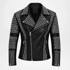 A black faux leather moto jacket heavily embellished with silver studs and pyramid studs, featuring a silver zipper, a pointed collar, and zippered pockets, shown against a plain white background.