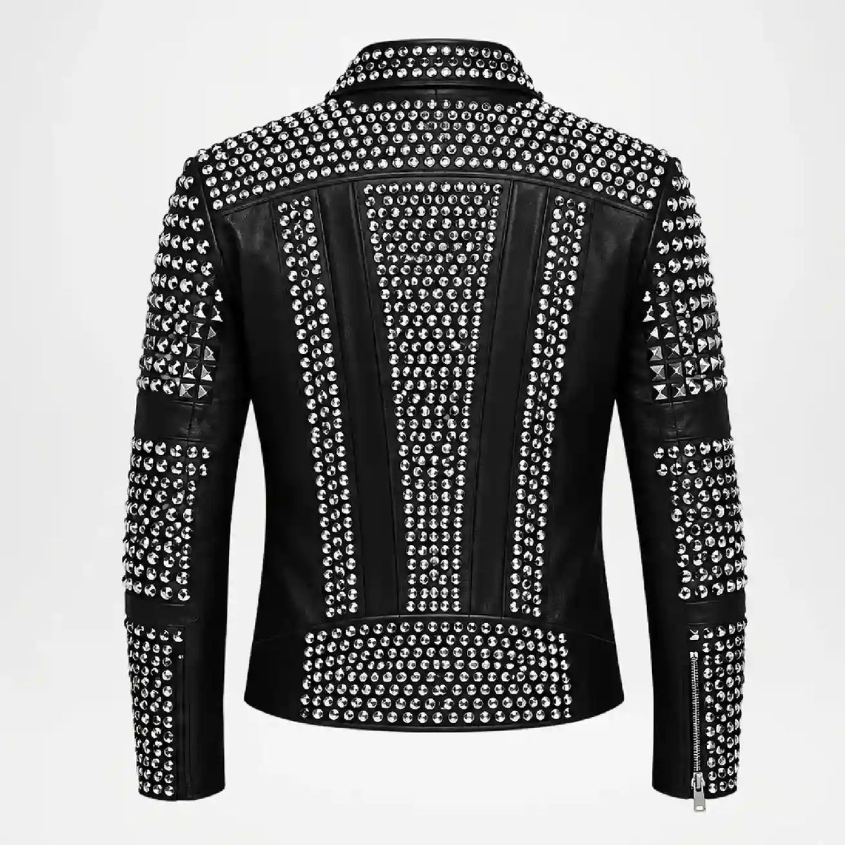 Black leather motorcycle jacket with extensive silver pyramid and round stud embellishments on the back, shown against a plain white background.