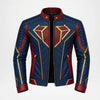 A blue and red leather jacket with gold geometric accents, designed in a superhero-inspired style, shown against a plain light gray background.