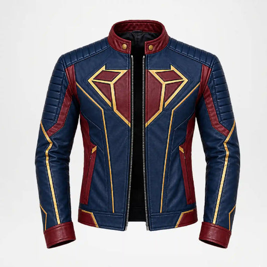 A blue and red leather jacket with gold geometric accents, designed in a superhero-inspired style, shown against a plain light gray background.