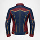 A faux leather jacket shown from the back, featuring a navy blue base with dark red panels and gold contrast stitching.