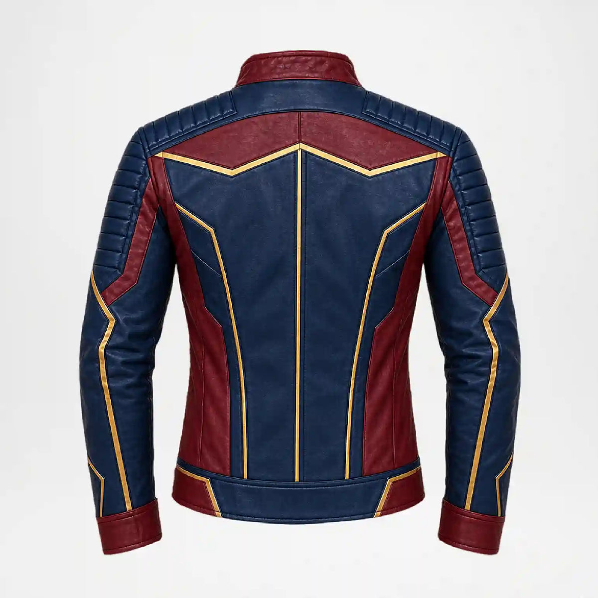A faux leather jacket shown from the back, featuring a navy blue base with dark red panels and gold contrast stitching.