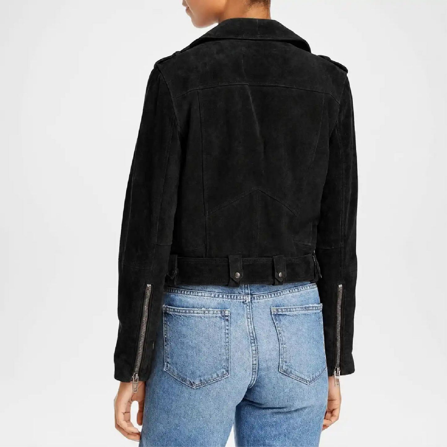 Black Cropped Suede Leather Jacket for Women