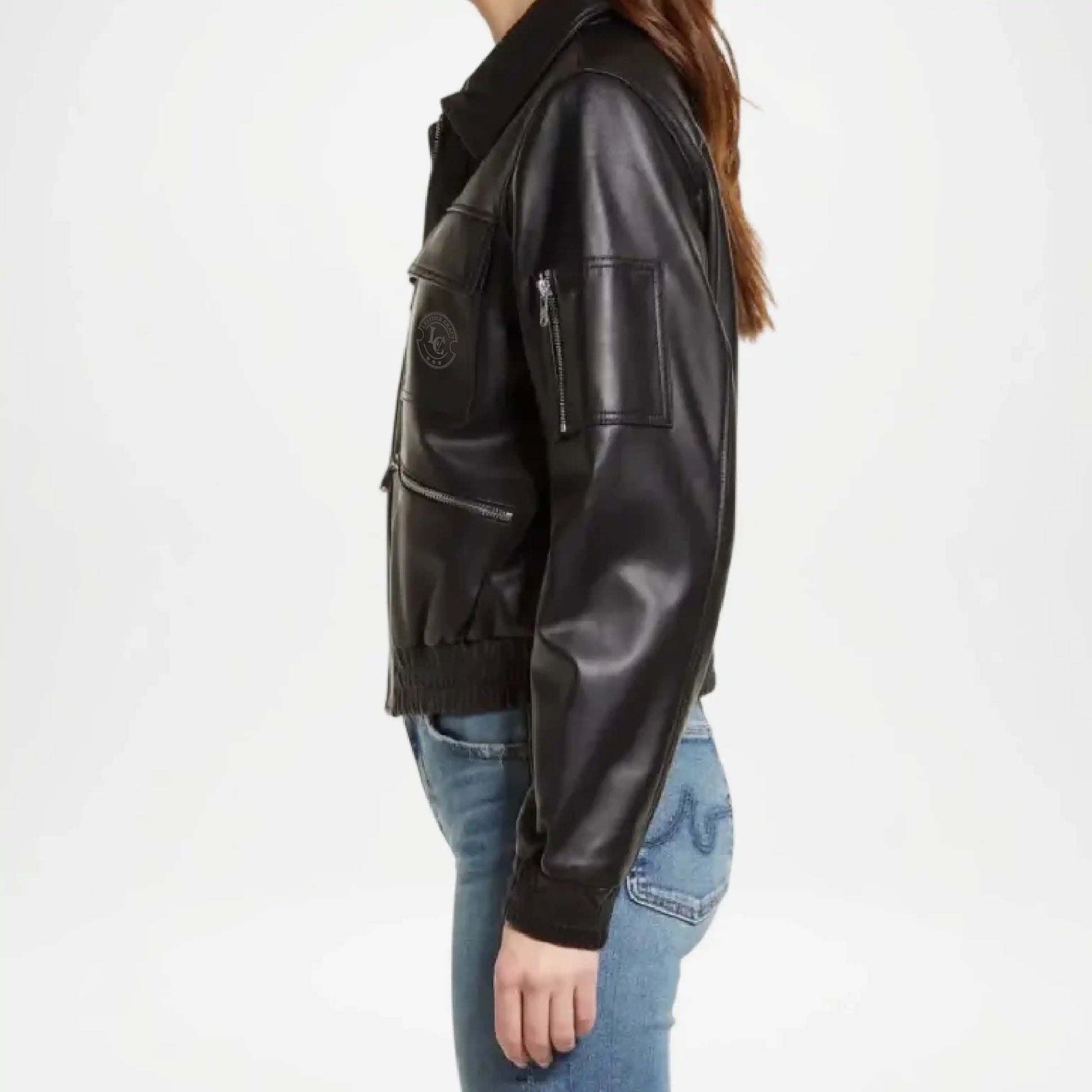 black genuine leather bomber jacket women
