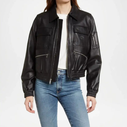 black leather bomber jacket for women
