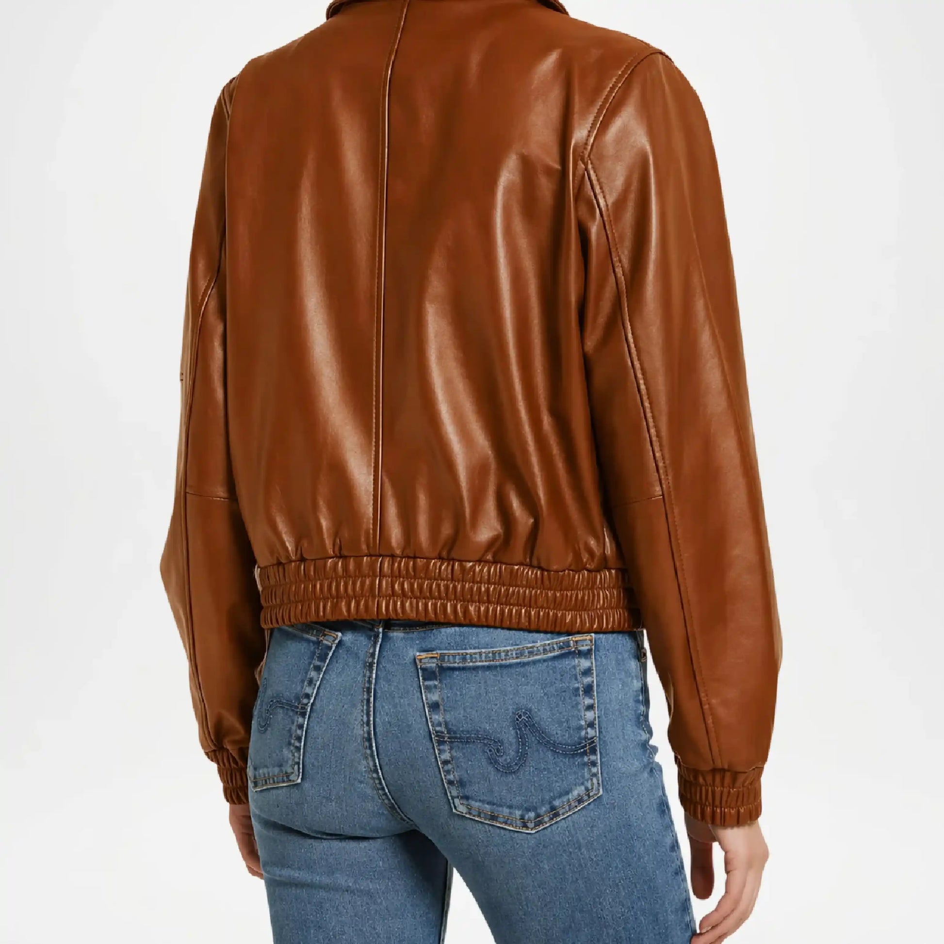 brown leather bomber jacket women outfit
