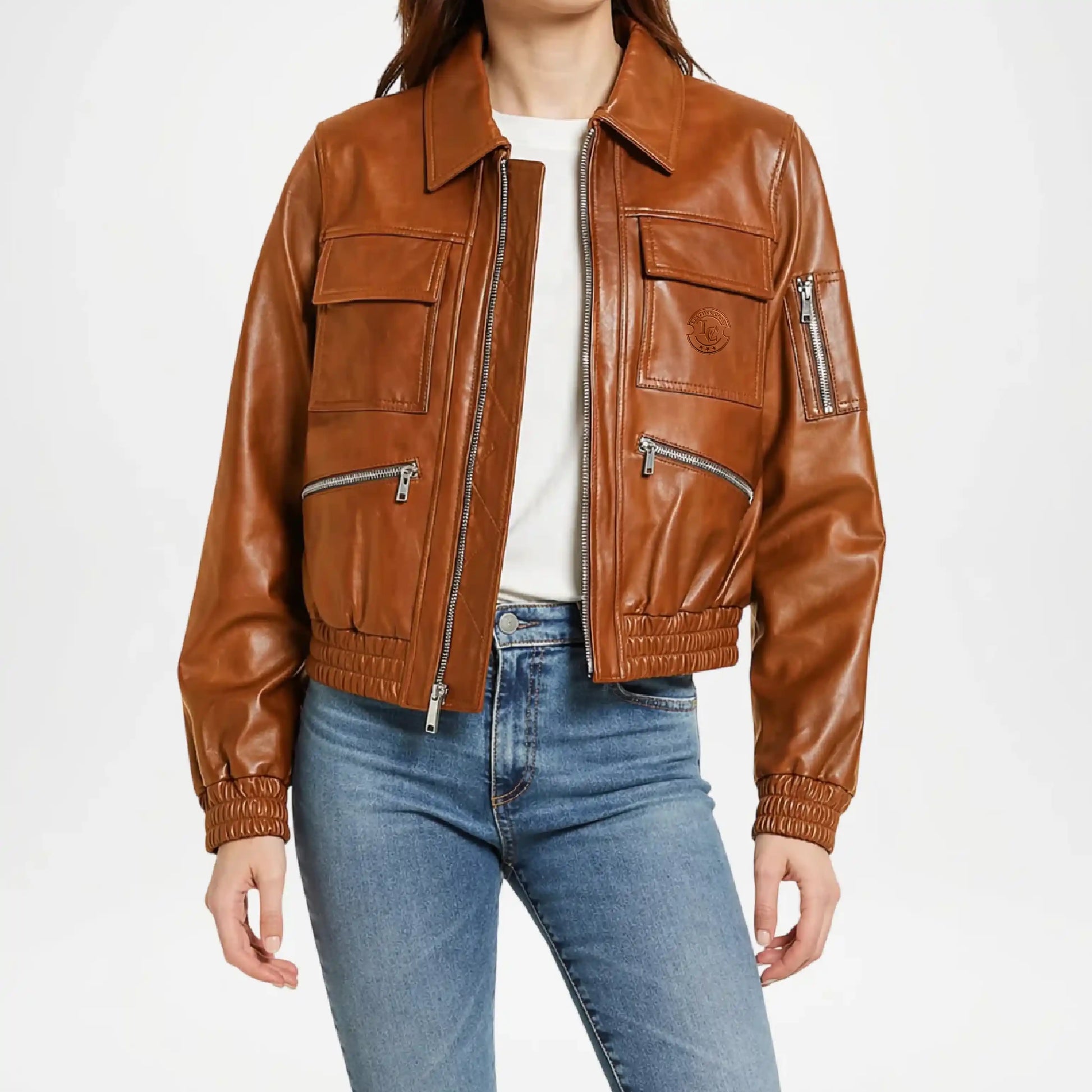 brown leather bomber jacket for women