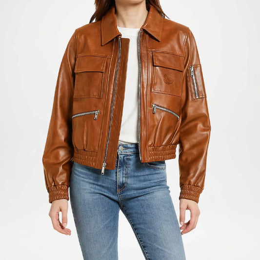 brown leather bomber jacket for women