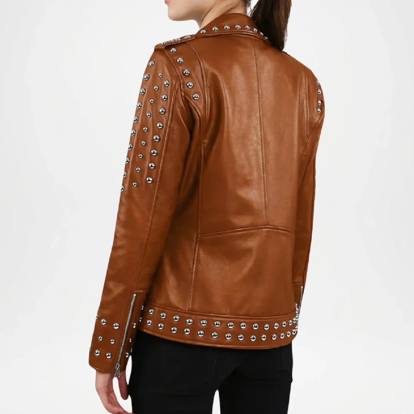 Brown leather jacket with silver studs 