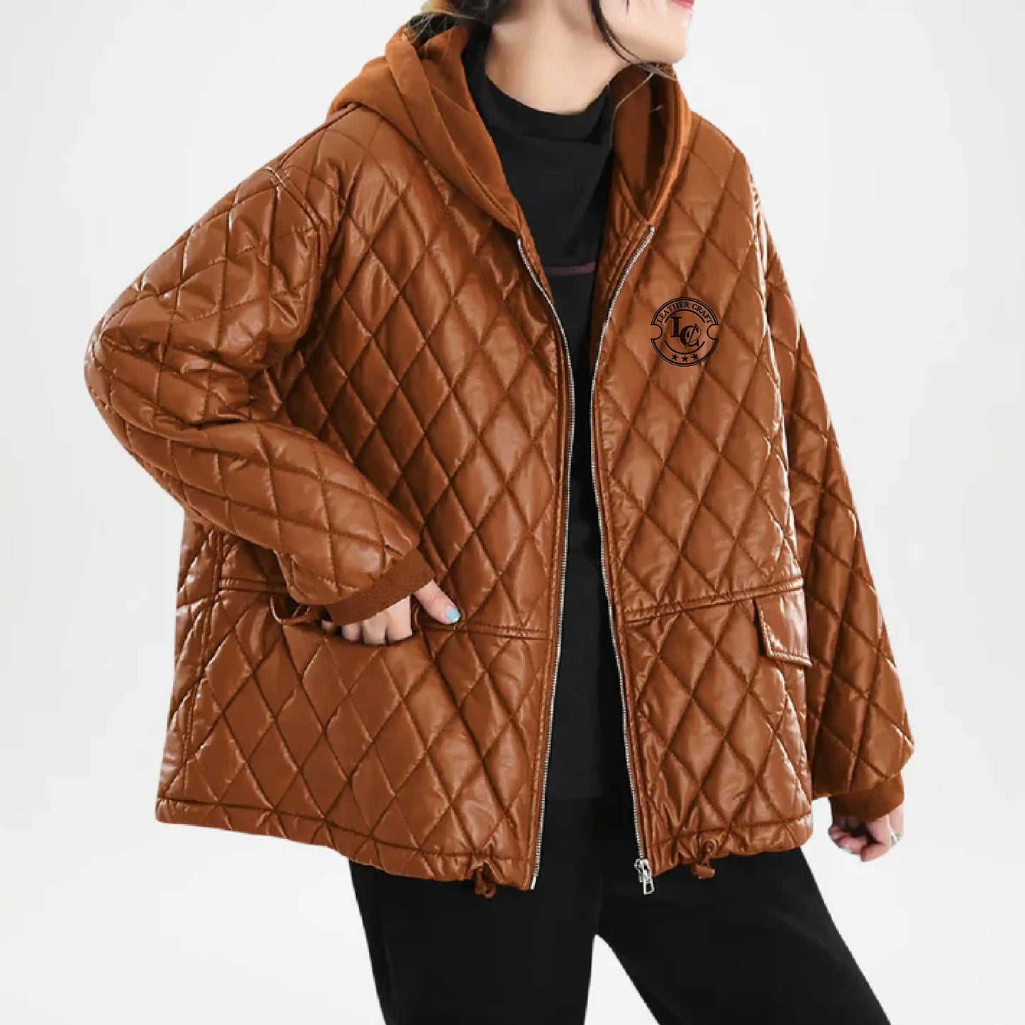 womens brown quilted leather jacket veil style