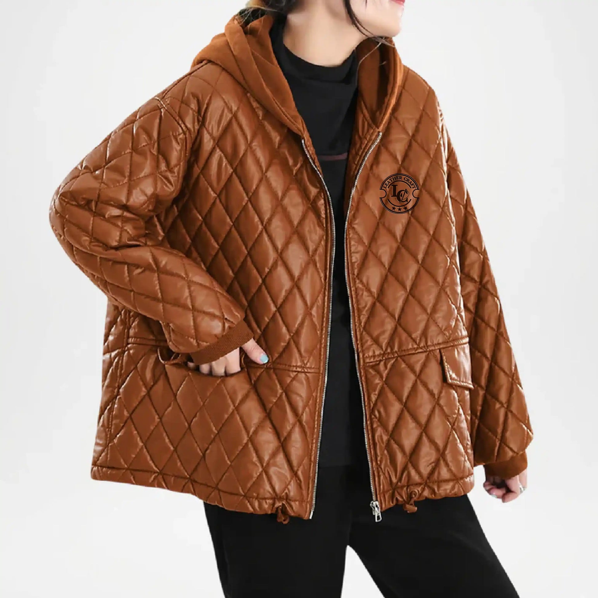 womens brown quilted leather jacket veil style