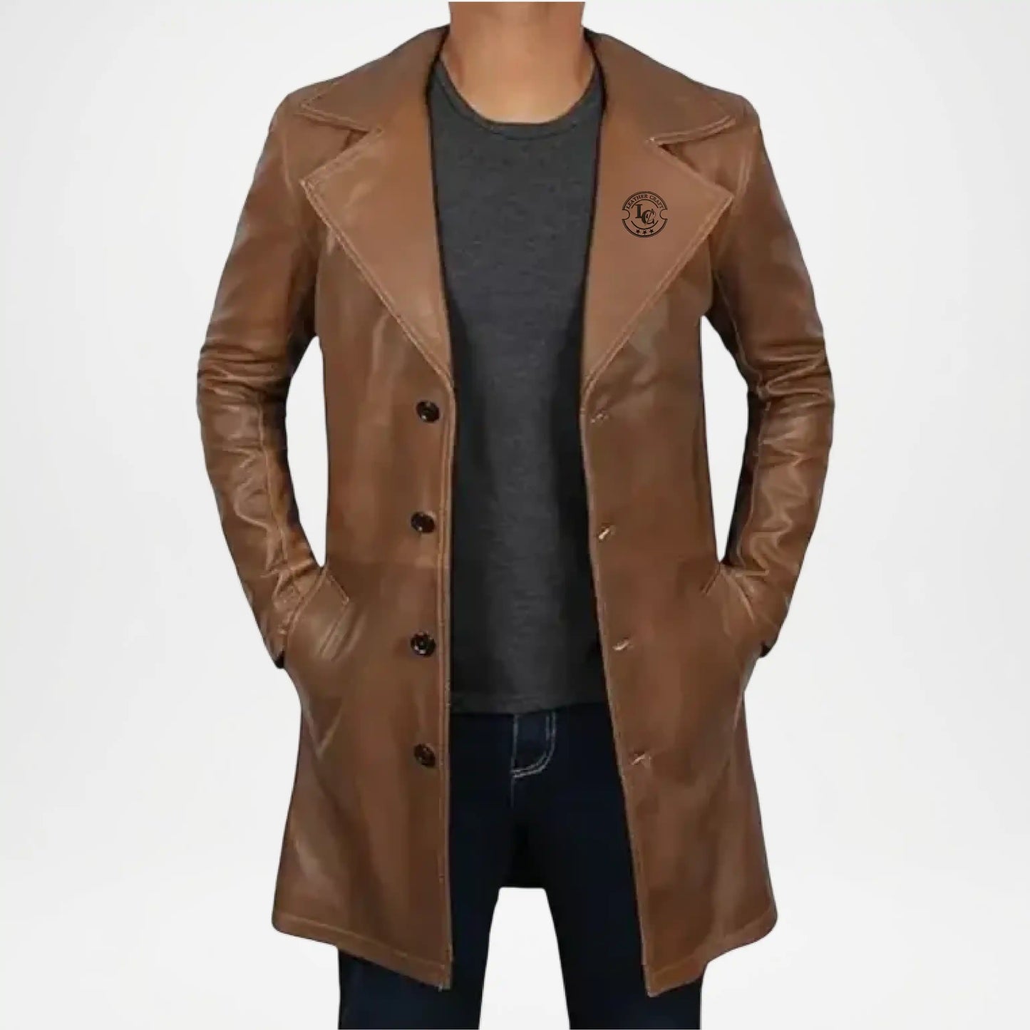 brown leather trench coat
