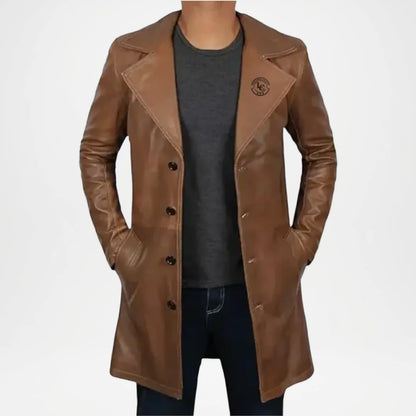 brown leather trench coat
