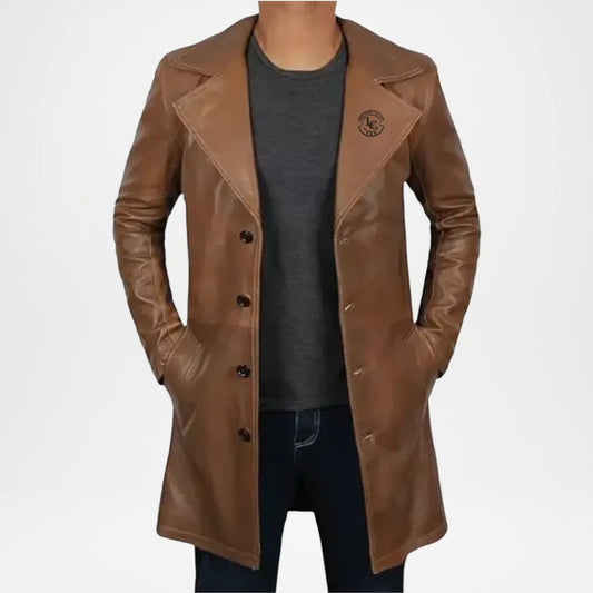 brown leather trench coat
