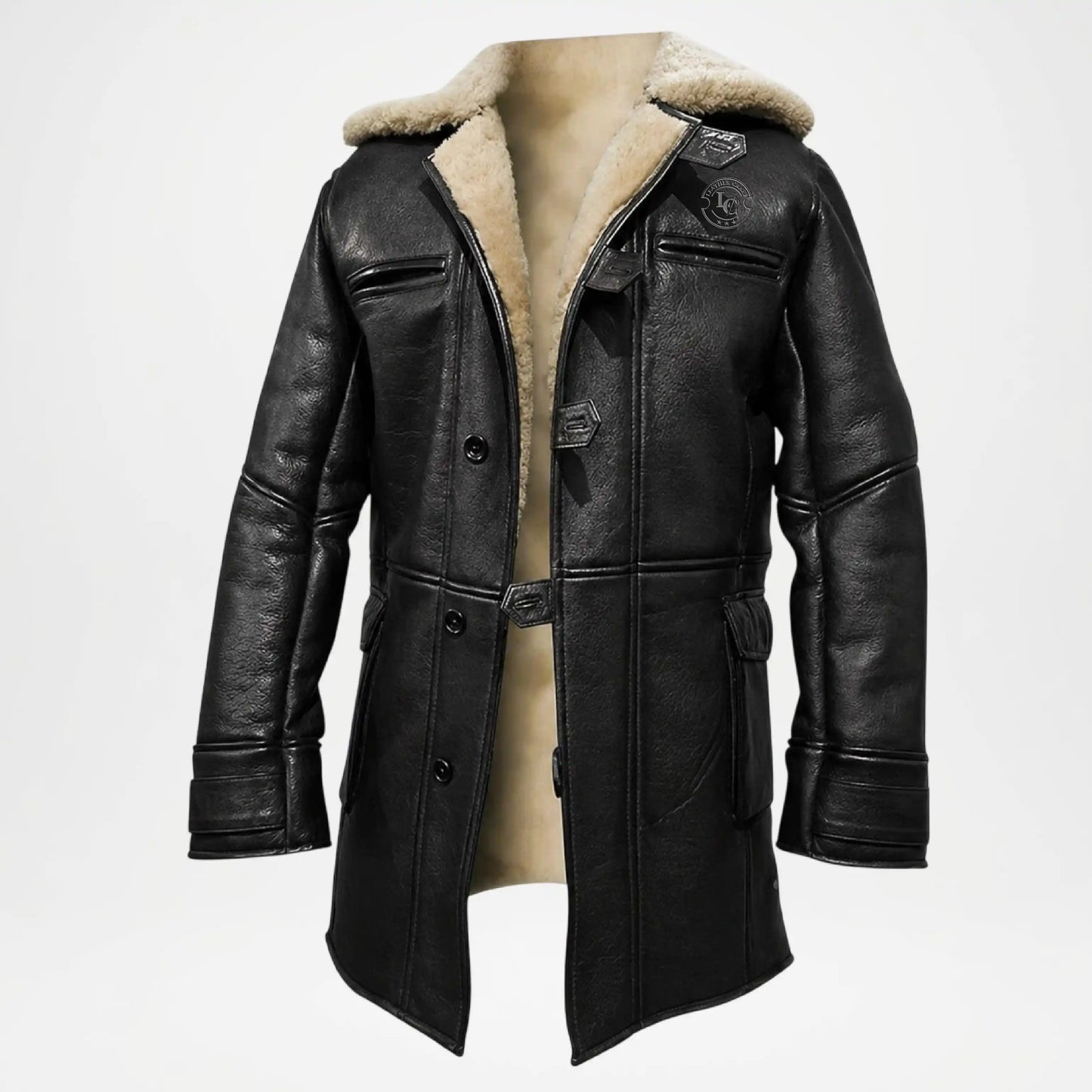 Black leather coat with beige fur lining 