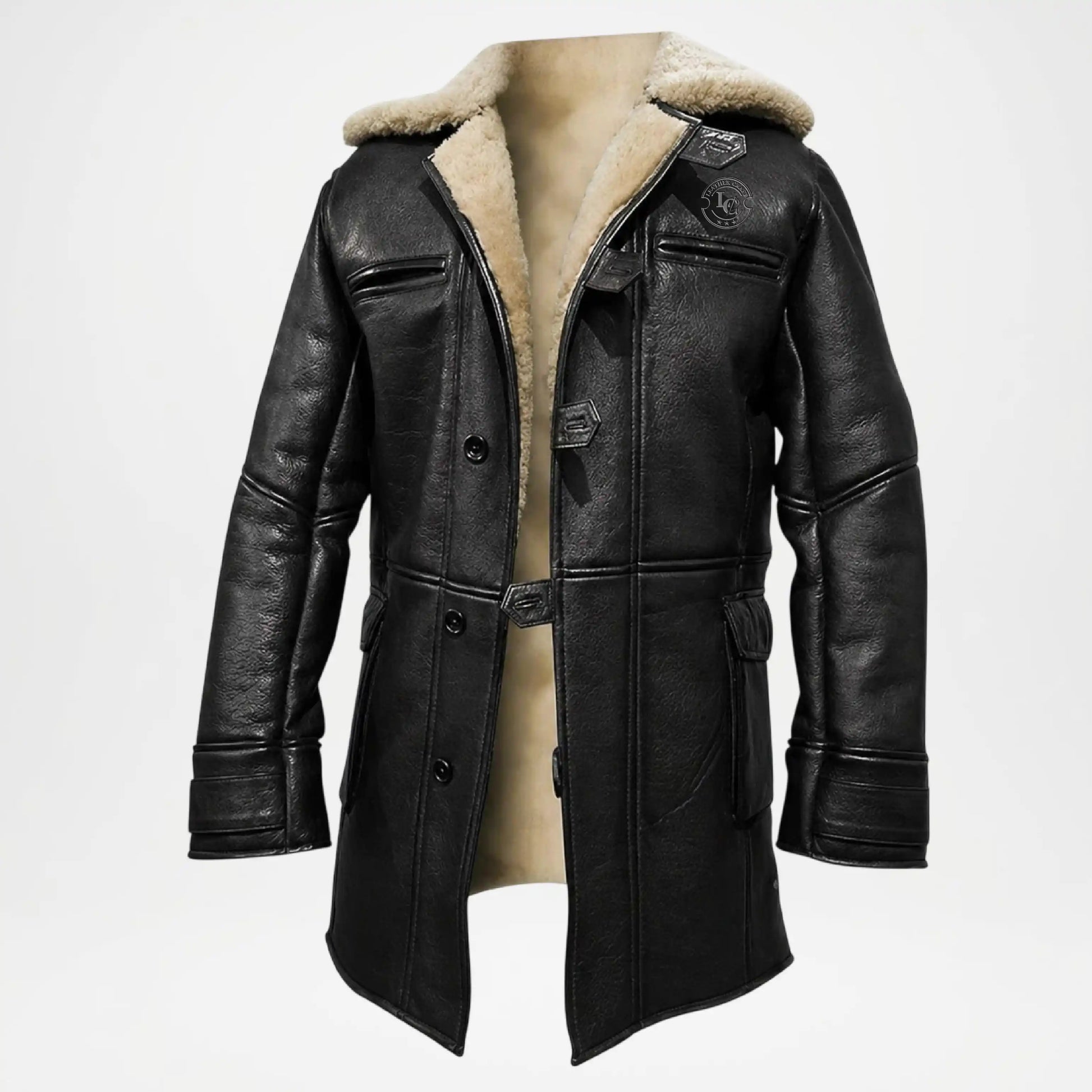 Black leather coat with beige fur lining 