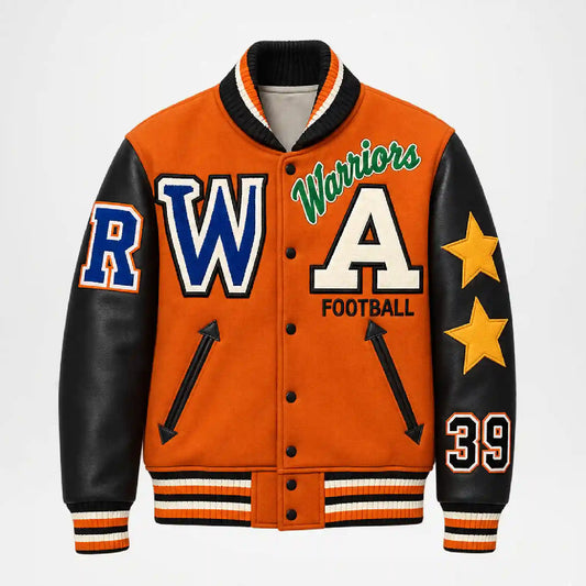 An orange varsity-style jacket with black leather-look sleeves, featuring large embroidered letters 'W' and 'A', the word 'Warriors' in green script, 'FOOTBALL' below the 'A', two yellow stars on one sleeve, and the number '39' on the other sleeve.