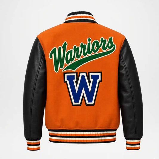 An orange varsity jacket with black leather sleeves, featuring 'Warriors' in green script and a large blue and white letter 'W' on the back, shown against a light gray background.