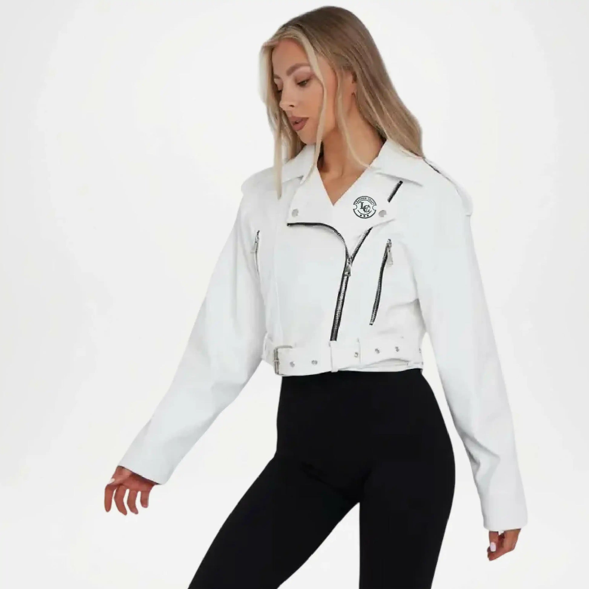 womens white short leather jacket