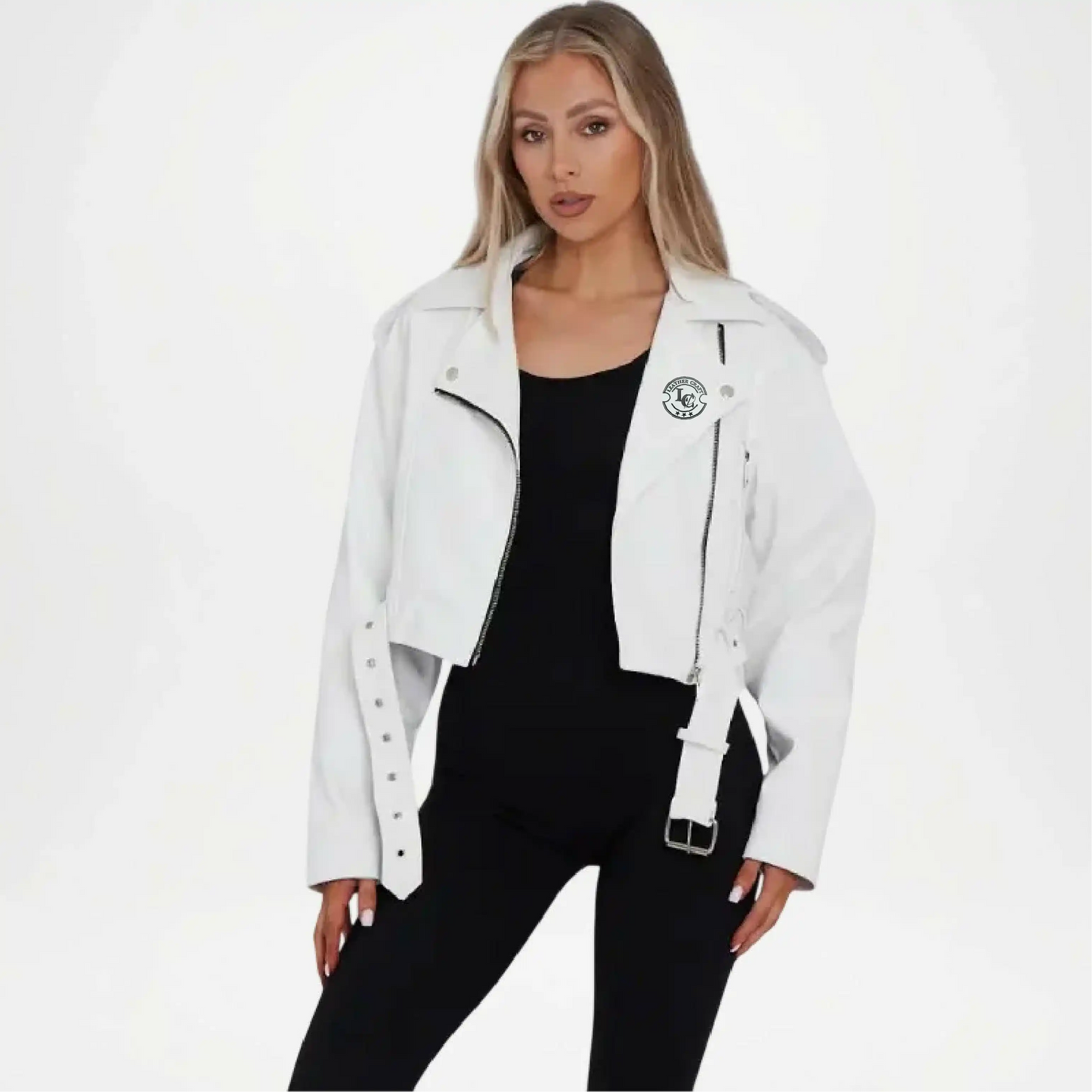 womens white cropped leather jacket