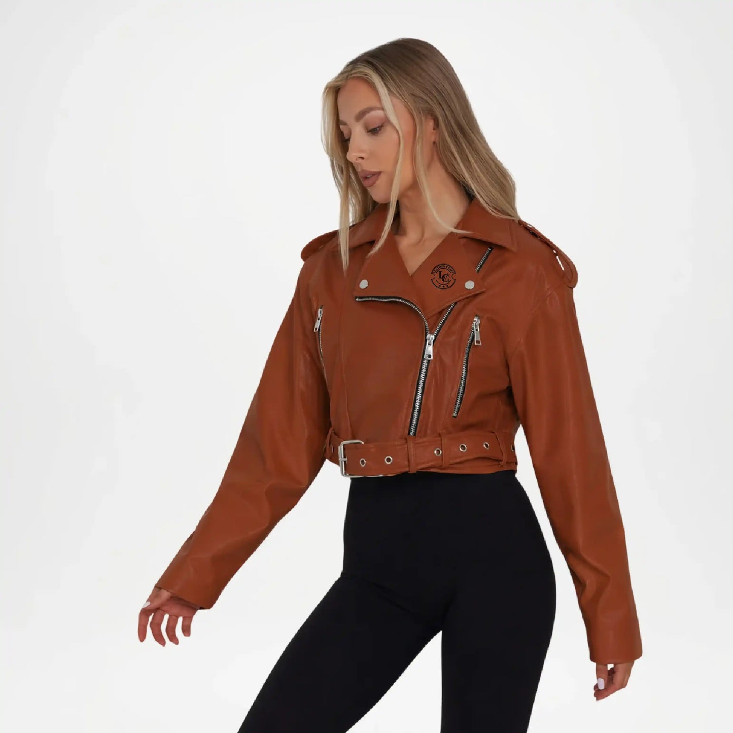 brown cropped leather jacket cheap
