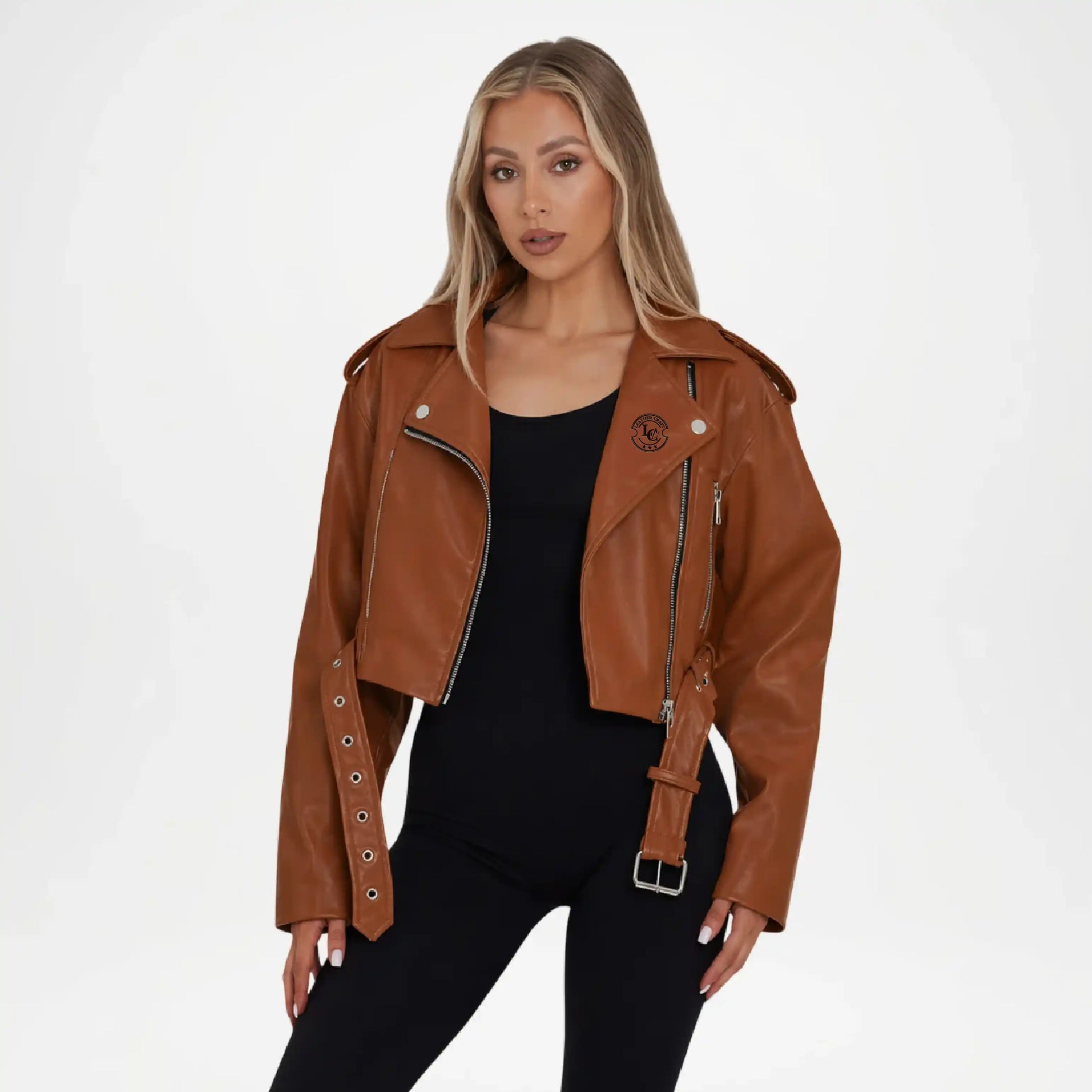 Brown Cropped Leather Jacket for Women
