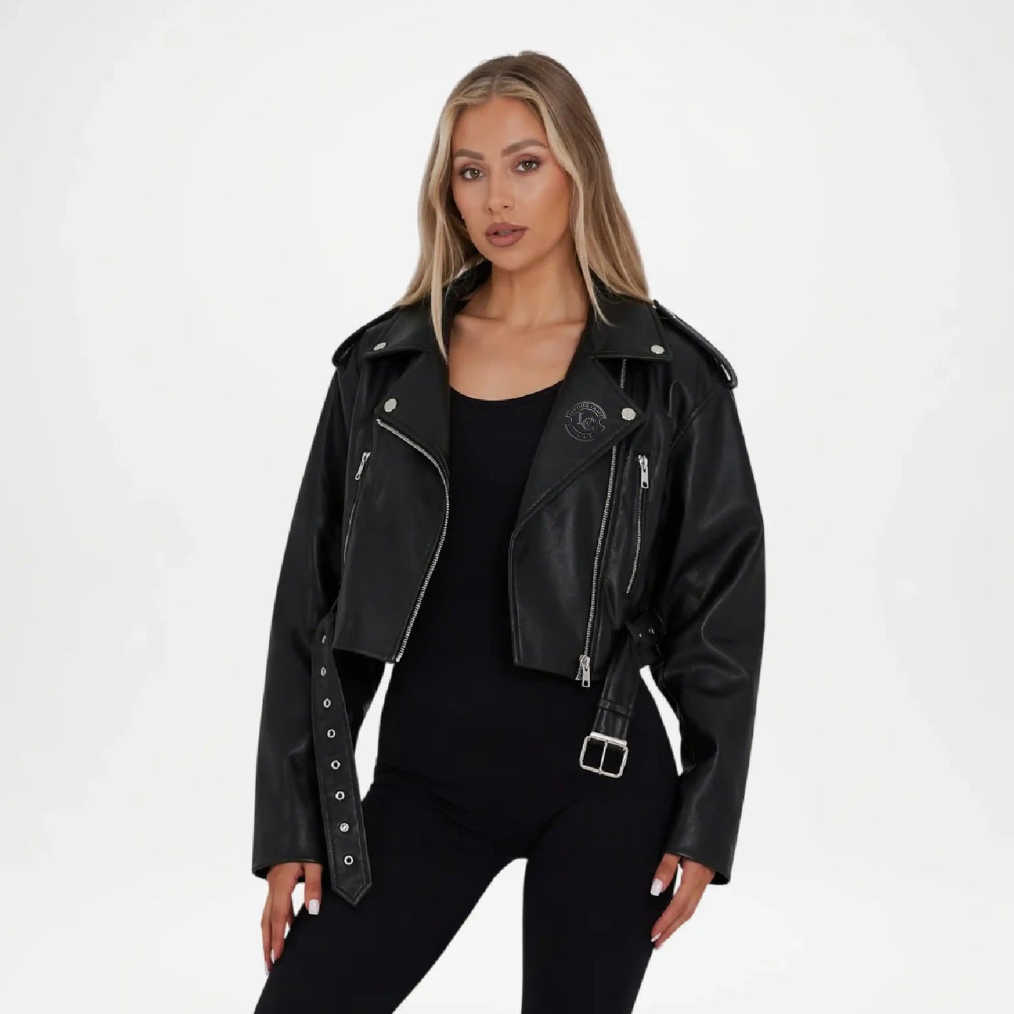 Black Cropped Leather Jacket for Women