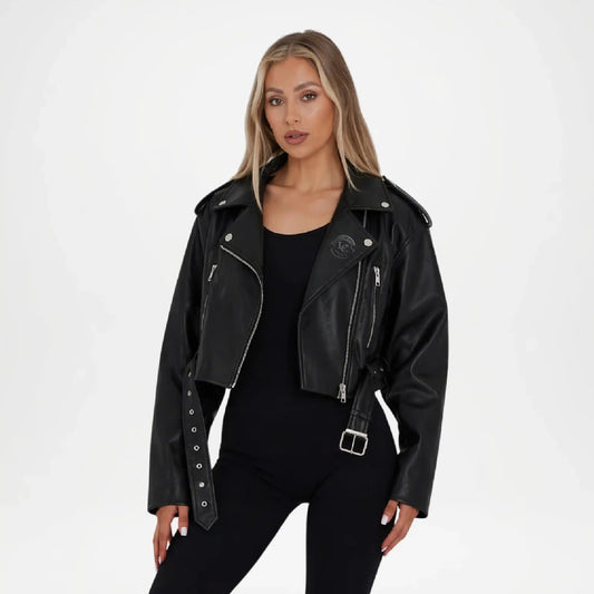 Black Cropped Leather Jacket for Women