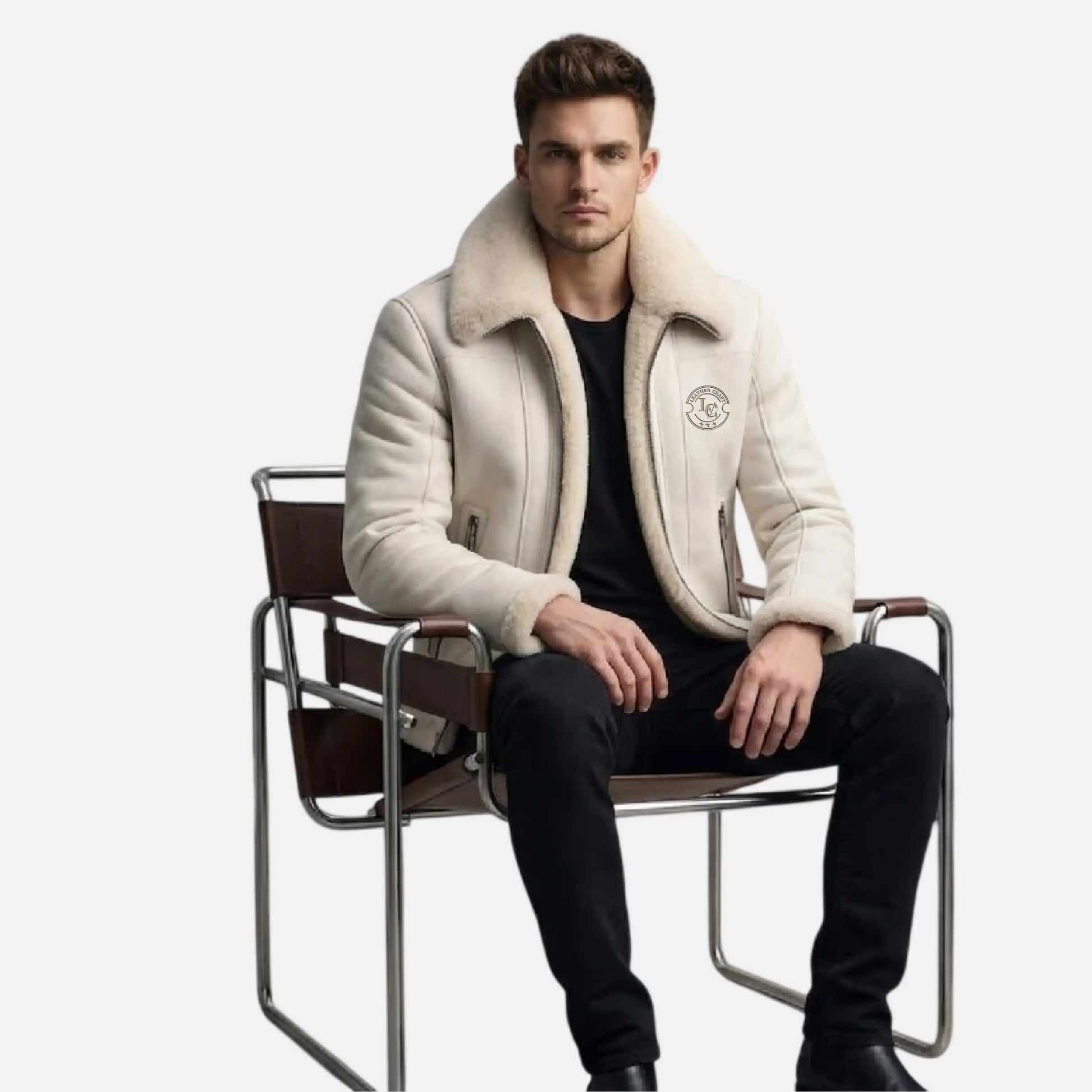 mens aviator style white leather jacket