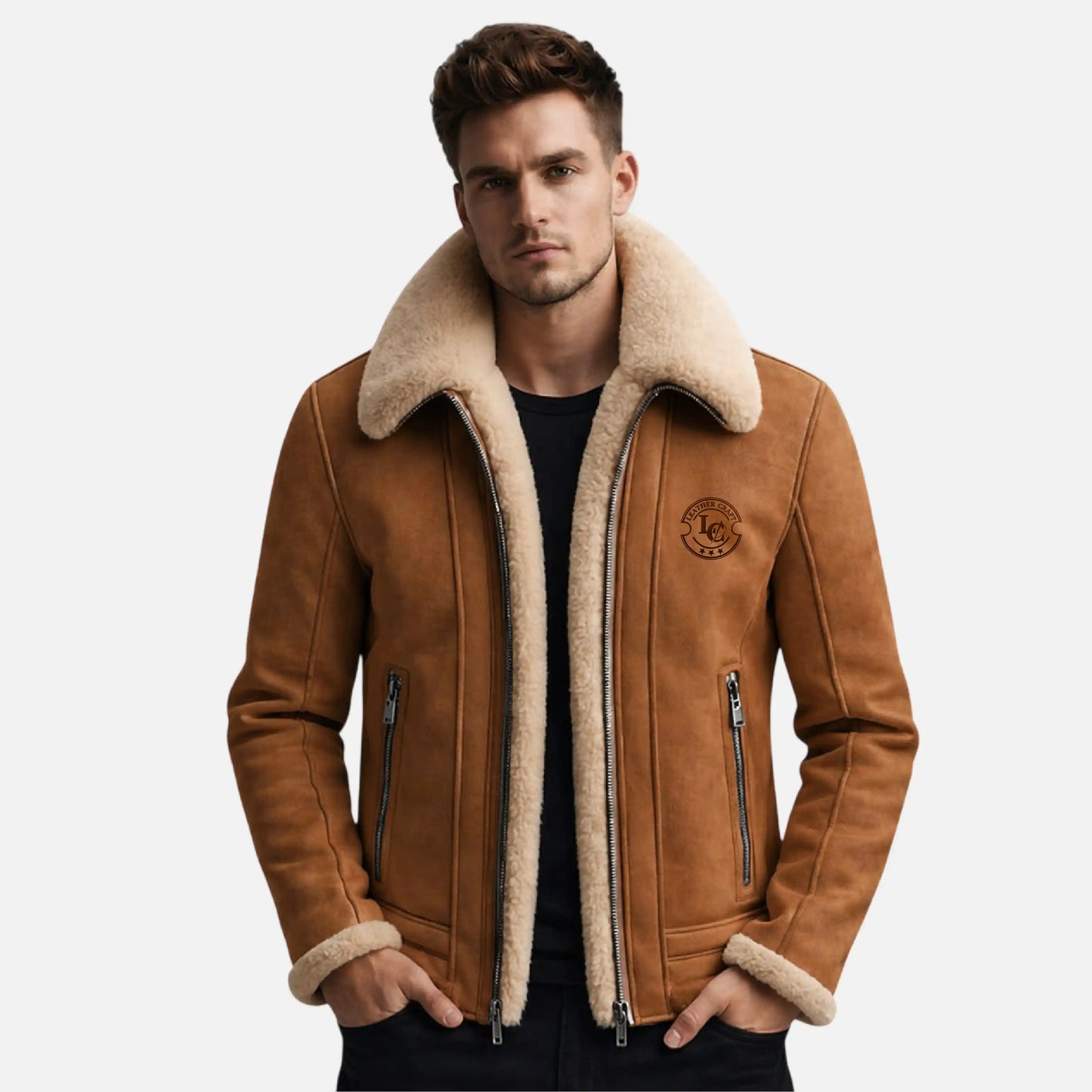 mens brown shearling aviator leather jacket