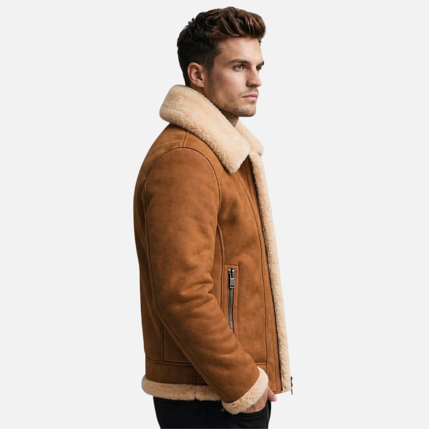 mens brown fur lined leather jacket aviator